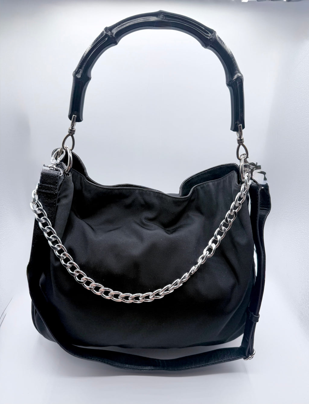 Gucci Black Nylon Bamboo Hobo Bag