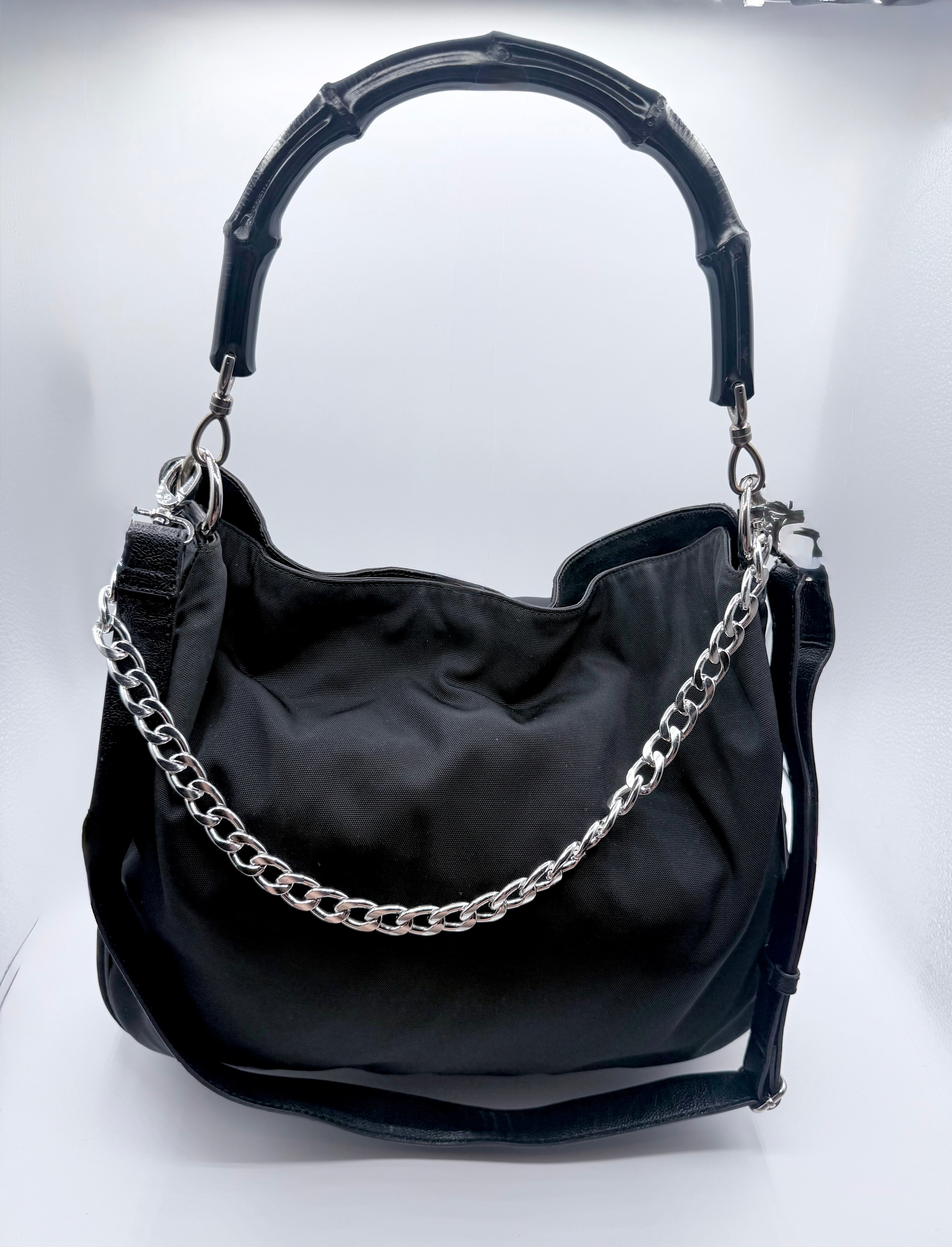 Gucci Black Nylon Bamboo Hobo Bag