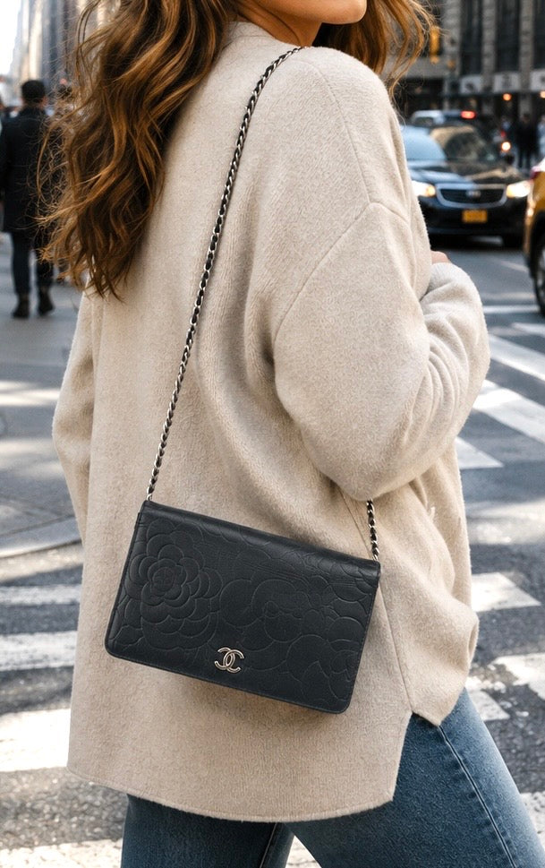 👜SOLD👜 CHANEL Black Camellia Embossed Lambskin Leather